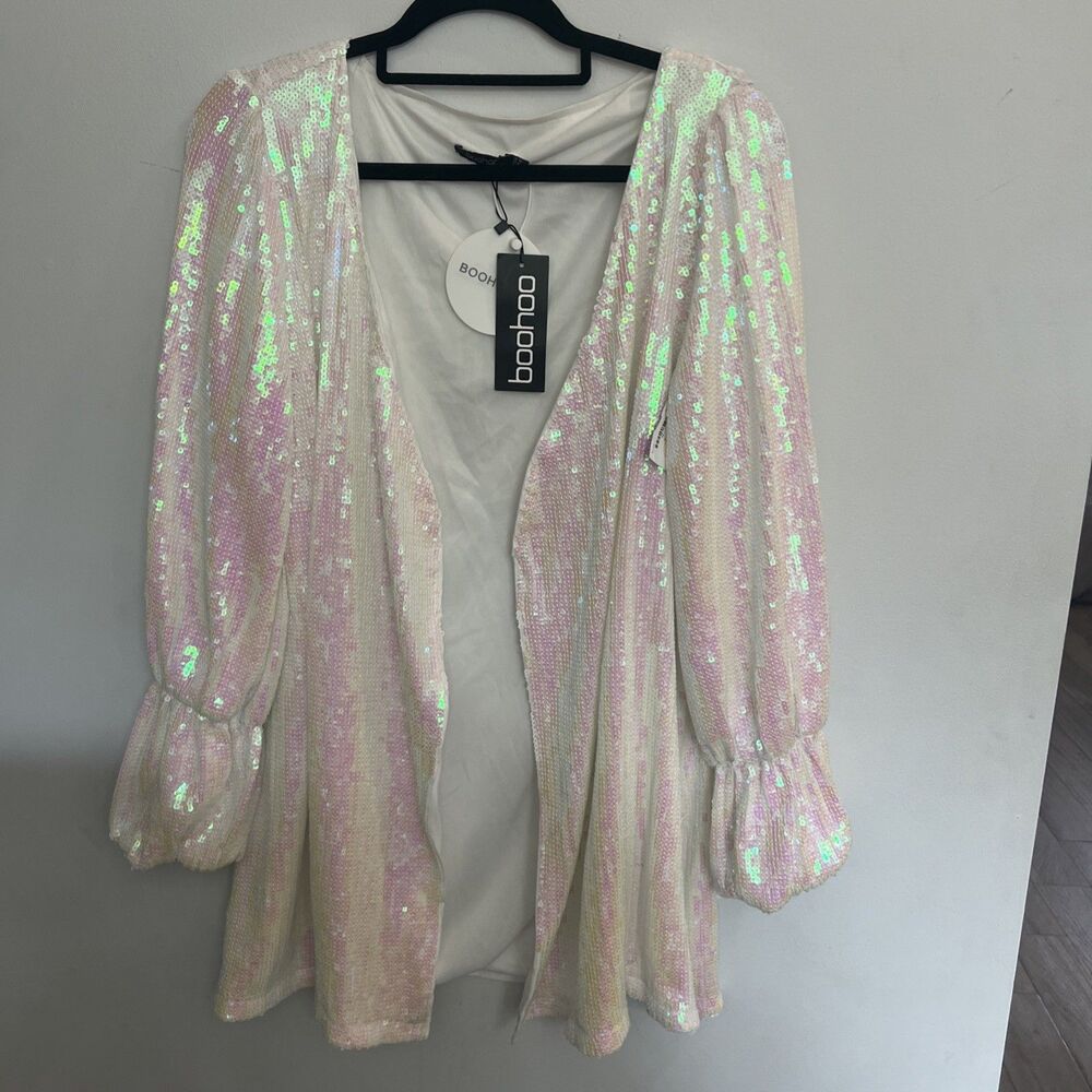 Boo-hoo sparkly white puff sleeve cardigan Sz8 Party Boho City Artsy